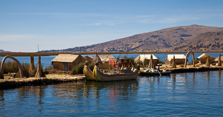 The floating and tourist  Islands of lake Titikaka Puno Peru Sou