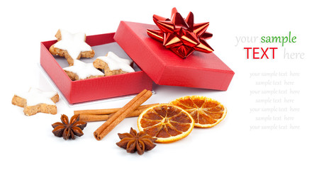 star shaped cinnamon biscuit in red box with Anise, cinnamon 