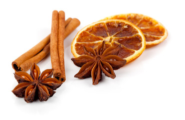 christmas decoration of whole star anise, orange and cinnamon, o