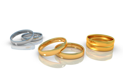 gold and silver rings of relationship life, isolated on white background, engagement, marriage, couples, widowhood, symbols, community