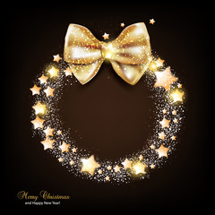 Elegant Christmas wreath with stars and bow. Vector