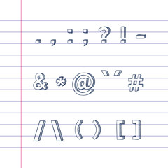 Several hand drawn text symbols on lined paper