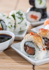Sushi rolls with sticks and Soy Sauce