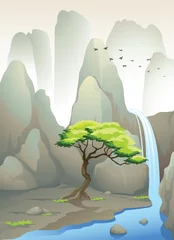Deurstickers Vogel prachtige waterval en bergen