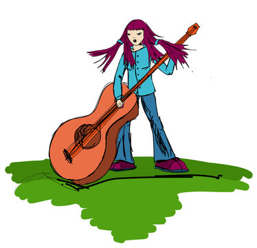 Hippie girl playing on a big guitar and sings