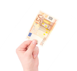Money (Euro) in a hand isolated on white