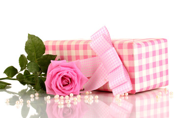 Beautiful pink rose with wonderful gift in pink box isolated