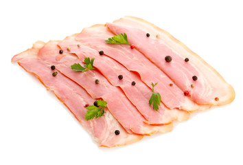 tasty bacon with spices, isolated on white