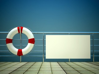 3d life ring and empty billboard on safety barriers at sea
