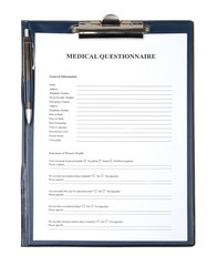 Medical questionnaire in a clipboard isolated