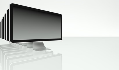 Desktop computer screens in row on white background, text space