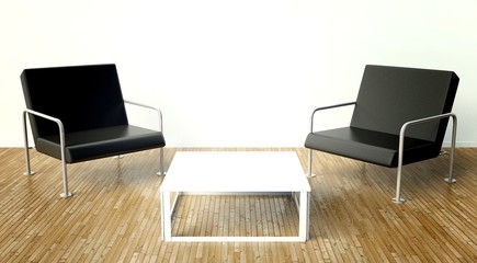 Modern interior with chairs and table on white wall