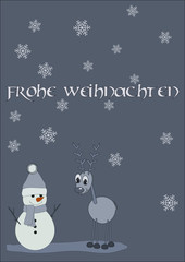 Snowman and reindeer with red nose look from side