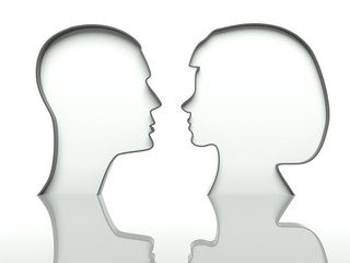 Man and woman heads profiles on white background