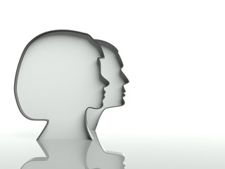 Man and woman heads profiles on white background, text space