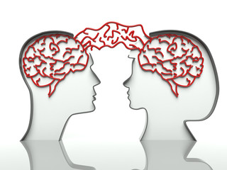 Man and woman heads with connected brains, communication
