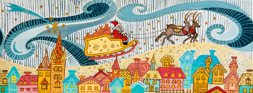 Santa claus fliyng in his sleigh with the reindeers.