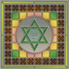 Stained glass panel with Star of David and menorah