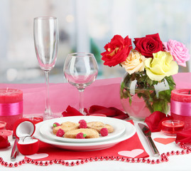 Table setting in honor of Valentine's Day on room background
