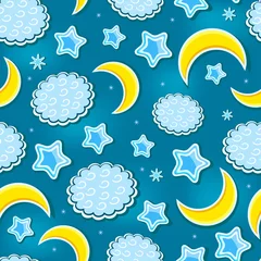 Poster Blue Night Sky naadloze patroon met ster, wolk en halve manen © Novaya