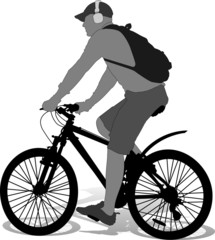 isolated cyclist with backpack silhouette