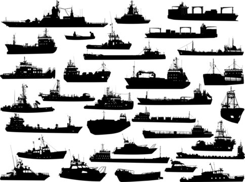 Set of 32 silhouettes of sea yachts, towboat and the ships