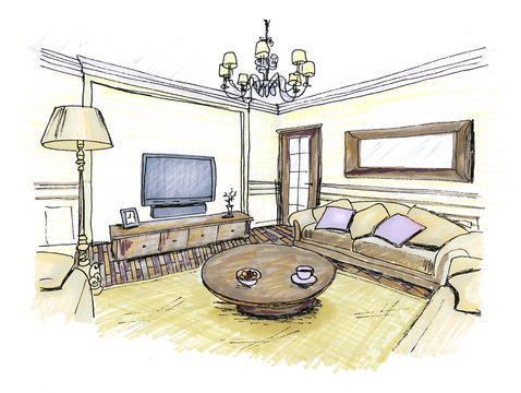 Graphical sketch of an interior living room