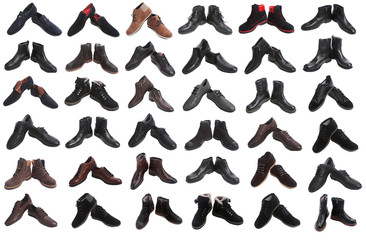 plenty of different male shoes isolated over white collage