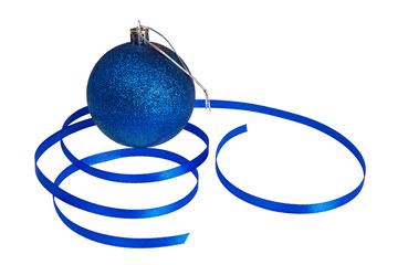 Isolated Blue Christmas Ball and Ribbon