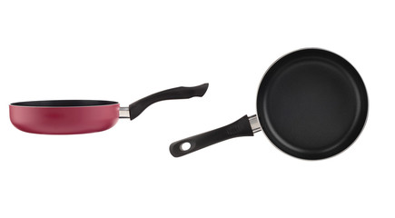 Red frying pan in two perspectives on white background