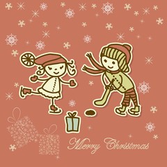 retro xmas card with children playing