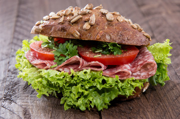 Fresh made Salami Sandwich on wood