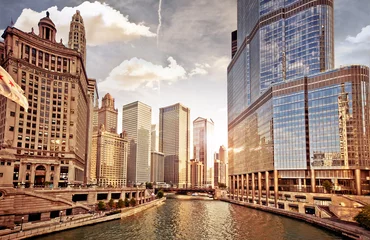 Foto op Plexiglas Chicago Skyline van Chicago bij zonsondergang