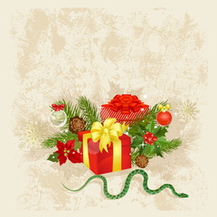 Retro Christmas card with gifts and a snake