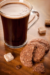 Cup of espresso coffee and chocolate chip cookies