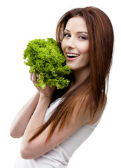 Woman hands fresh lettuce leaves, isolated on white