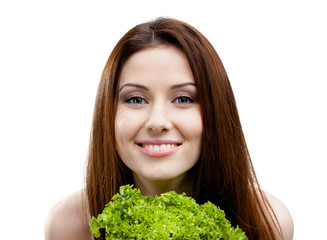 Woman holds fresh lettuce leaves, isolated on white