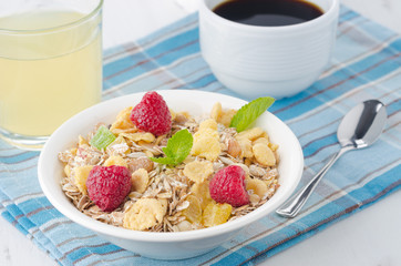 breakfast cereal, coffee and juice