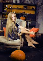 pretty blonde girl selebrating halloween