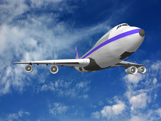 Flying jet airplane, 3D render.