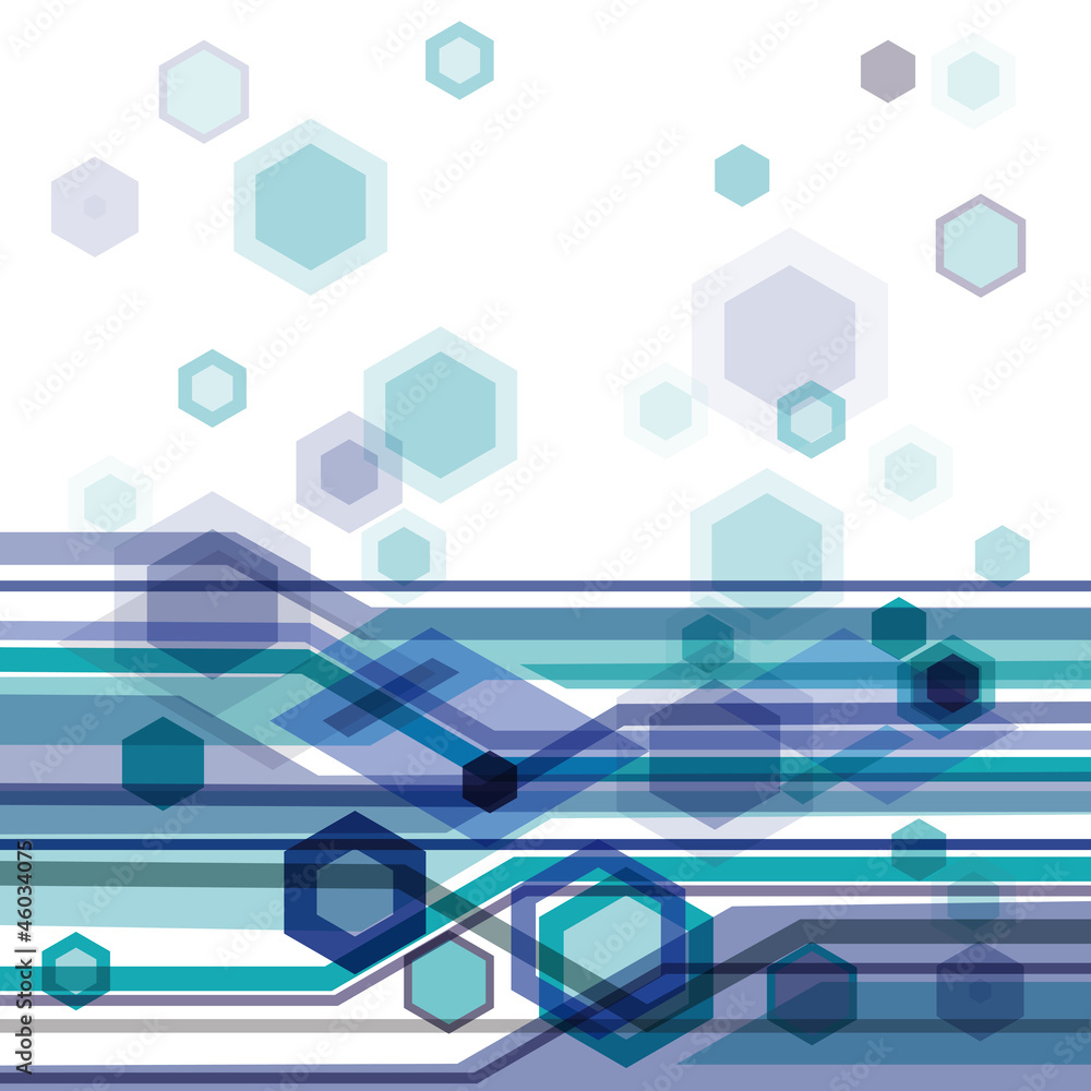 Poster blue background with hexagons and flowing lines. eps10