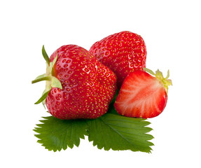 fresh strawberry with leaf isolated on white