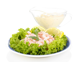 Delicious marinated shrimp in plate isolated on white