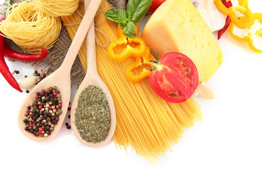 Pasta spaghetti, vegetables and spices, isolated on white