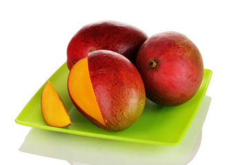 Ripe appetizing mango on green plate isolated on white