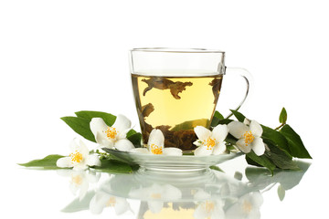 cup of green tea with jasmine flowers isolated on white