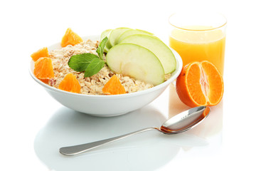 tasty oatmeal with orange and apple, isolated on white
