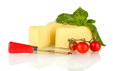 sliced mozzarella cheese with vegetables isolated on white