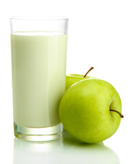 Glass of kefir and green apples, isolated on white