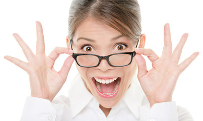 Funny happy portrait of asian woman wearing glasses eyewear